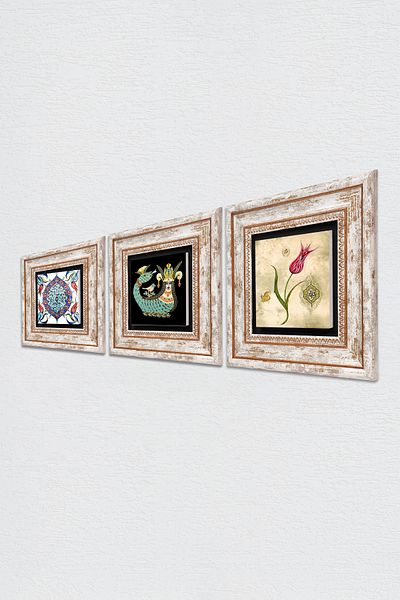 Pinecone Tulip Marbling Art, Tile Art, Shahmeran Stone Wall Painting Framed Wall Decor Set of 3 Wall Art
