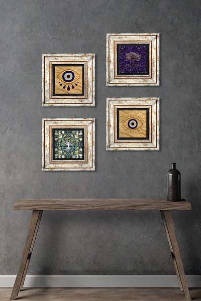 Pinecone Evil Eye, Tree of Life Stone Wall Painting Framed Wall Decor 4 Piece Painting Set Wall Art Tk4-1491
