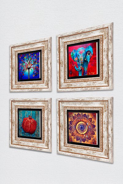 Pinecone Mandala, Elephant, Tree of Life, Pomegranate Stone Wall Painting Framed Wall Decor 4 Piece Painting Set Tk4-868