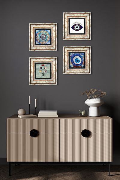 Pinecone Evil Eye, Marbling Art, Mandala Stone Wall Painting Framed Wall Decor 4 Piece Painting Set Tk4-1660