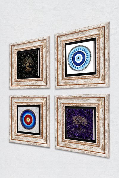 Pinecone Evil Eye, Arborele Vieții Pictură pe perete din piatră Decor de perete înrămat Set de pictură 4 piese Artă de perete TK4-1174