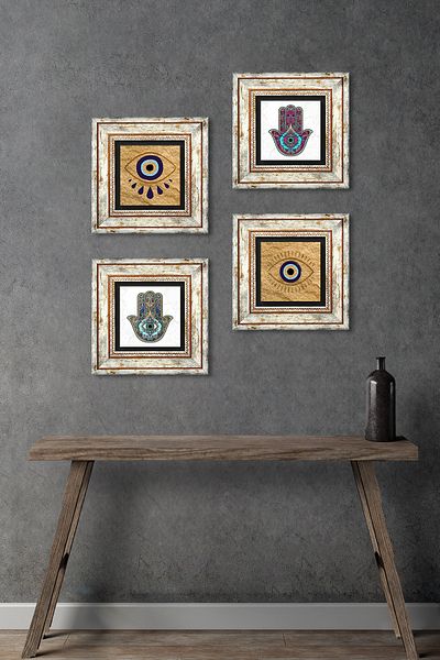 Pinecone Evil Eye, Fatma Mother Hand (Hamsa) Stone Wall Painting Framed Wall Decor 4 Piece Painting Set Tk4-1483