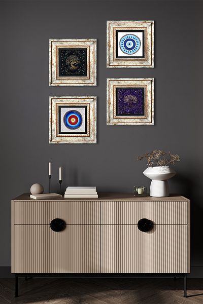Pinecone Evil Eye, Arborele Vieții Pictură pe perete din piatră Decor de perete înrămat Set de pictură 4 piese Artă de perete TK4-1174