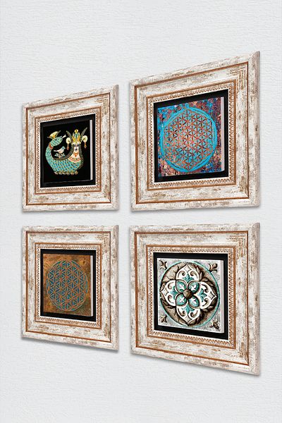 Pinecone Flower of Life, Tile Art, Şahmeran Stone Wall Painting Framed Wall Decor 4-Piece Table Set TK4-450