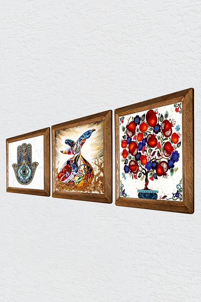 Pinecone Mozaic, Pom de rodie, Mâna Fatimă (Hamsa) Pictură pe perete din piatră Decor de perete cu rame din lemn Pictură din 3 piese