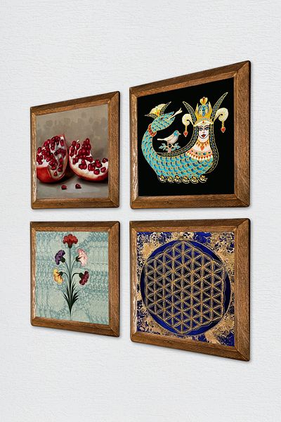 Pinecone Marbling Art, Flower of Life, Shahmeran, Pomegranate Stone Wall Painting with Wooden Frame Wall Decor Painting W4-773