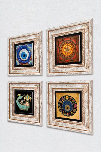 Pinecone Sri Yantra, Evil Eye, Shahmeran Stone Wall Painting Framed Wall Decor 4 Piece Painting Set Tk4-1214