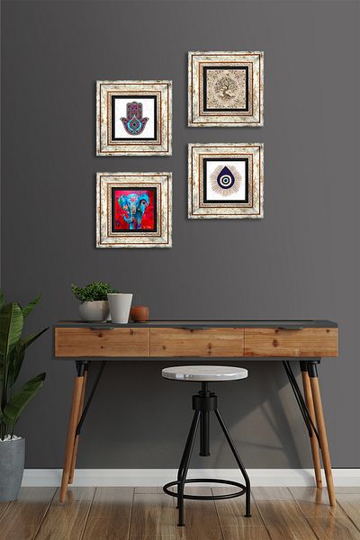 Pinecone Evil Eye, Elephant, Fatma Mother Hand, Tree of Life Stone Wall Painting Framed Wall Decor 4 Painting Tk4-1441