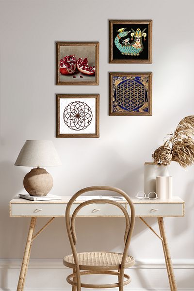 Pinecone Flower of Life, Shahmeran, Pomegranate Stone Wall Painting Wooden Framed Wall Decor Set of 4 Painting W4-771