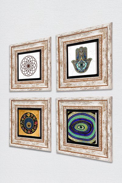 Pinecone Floarea vieții, ochiul rău, mână Fatma (Hamsa) Pictură pe perete cu piatră, set de 4 decorațiuni de perete TK4-1033