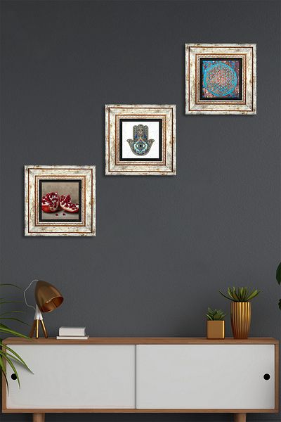 Pinecone Flower of Life, Pomegranate, Fatma Mother Hand (Hamsa) Stone Wall Painting Framed Wall Decor Set of 3 Tk3-314
