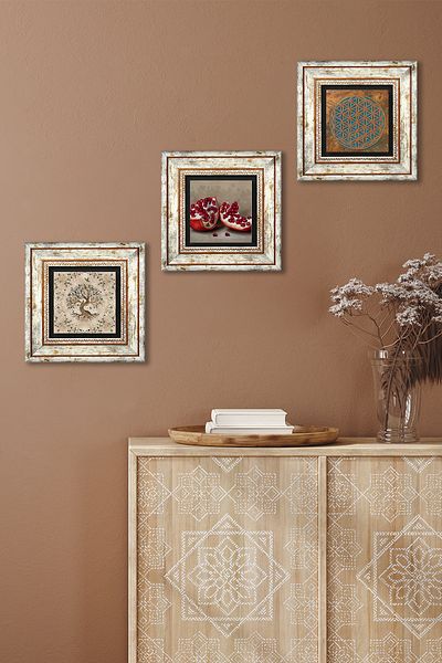 Pinecone Flower of Life, Tree of Life, Pomegranate Stone Wall Painting Framed Wall Decor 3 Piece Painting Set Tk3-953
