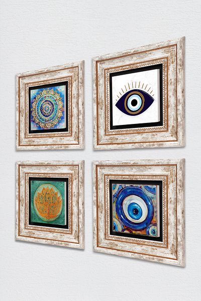 Pinecone Evil Eye, Mandala, Lotus Flower Stone Wall Painting Framed Wall Decor 4 Piece Painting Set Tk4-1630