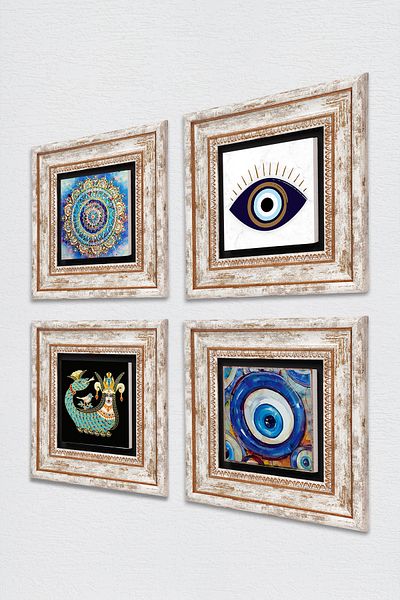 Pinecone Evil Eye, Mandala, Shahmeran Stone Wall Painting Framed Wall Decor 4 Piece Painting Set Tk4-1610