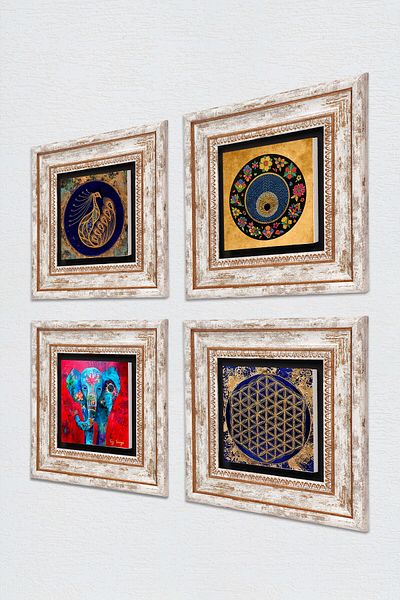 Pinecone Elefant, Păun, Floarea Vieții, Piatra Răului Rău Pictură de perete înrămată Decor de perete Set 4 bucăți TK4-315