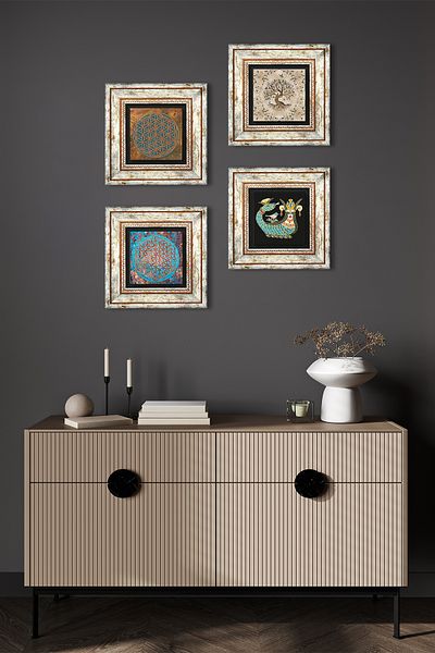 Pinecone Flower of Life, Shammeran, Tree of Life Stone Wall Painting Framed Wall Decor 4-Piece Table Set TK4-444