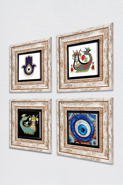 Pinecone Fatma Mother Hand (Hamsa), Evil Eye, Shahmeran Stone Wall Painting Framed Wall Decor 4 Piece Set Tk4-1513