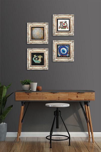 Pinecone Evil Eye, Sri Yantra, Shahmeran Stone Wall Painting Framed Wall Decor 4 Piece Painting Set Tk4-1521