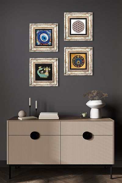 Pinecone Flower of Life, Evil Eye, Shahmeran Stone Wall Painting Framed Wall Decor 4 Piece Painting Set Tk4-1216