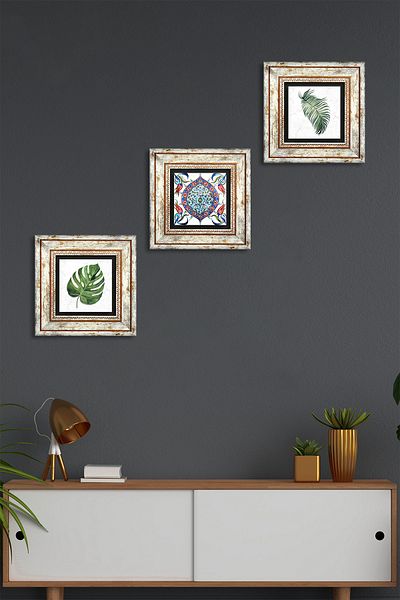 Pinecone Leaf, Tile Art Stone Wall Painting Framed Wall Decor 3 Piece Painting Set Wall Art Tk3-404