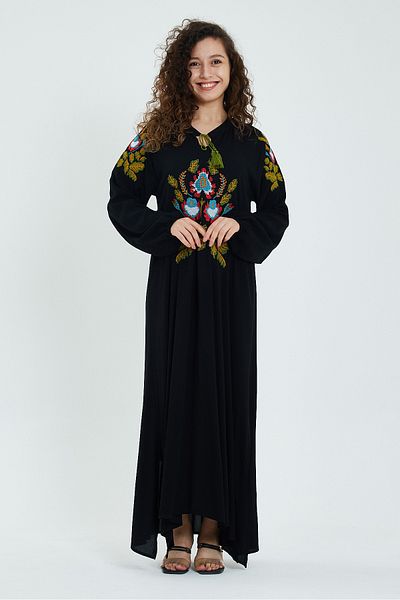 AYASOFYA OTANTIK Women's Black Cross Stitch Embroidery Detailed Long Sleeve Loose Ethnic Authentic Dress