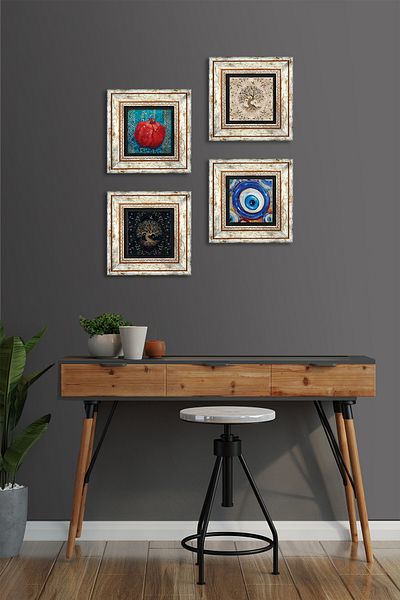 Pinecone Evil Eye, Tree of Life, Pomegranate Stone Wall Painting Framed Wall Decor 4 Piece Painting Set Tk4-1548