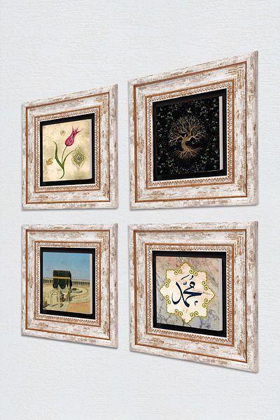 Pinecone The Tree of Life, Tulip, Kaaba-I Muazzama, Hz. Muhammad Word Stone Wall Painting Framed Wall Decor