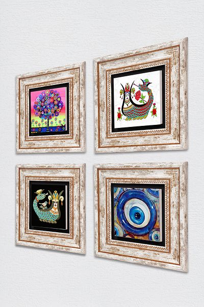 Pinecone Evil Eye, Tree of Life, Shahmeran Stone Wall Painting Framed Wall Decor 4 Piece Painting Set Tk4-1507