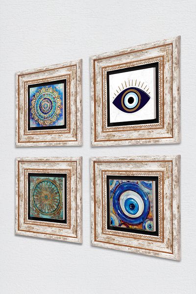 Pinecone Evil Eye, Mandala, Flower of Life Stone Wall Painting Framed Wall Decor 4 Piece Painting Set Tk4-1628