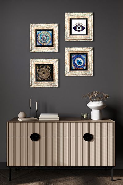 Pinecone Evil Eye, Mandala, Sri Yantra Stone Wall Painting Framed Wall Decor 4 Piece Painting Set Tk4-1632