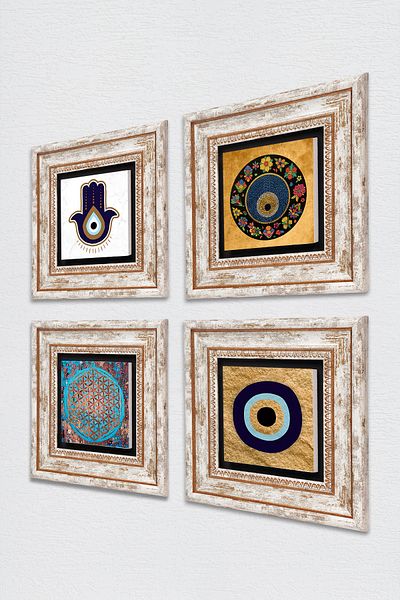 Pinecone Fatma Mother Hand (Hamsa), Flower of Life, Evil Eye Stone Wall Painting Framed Wall Decor Set of 4 Tk4-1831