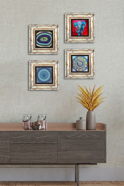 Pinecone Mandala, Elephant, Evil Eye Stone Wall Painting Framed Wall Decor 4 Piece Painting Set Wall Art