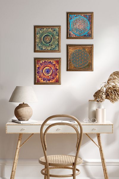 Pinecone Mandala, Flower of Life Stone Wall Painting with Wooden Frame Wall Decor 4 Piece Painting Set Wall Art