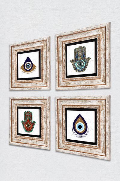 Pinecone Evil Eye, Fatma Mother Hand (Hamsa) Stone Wall Painting Framed Wall Decor 4 Piece Painting Set Tk4-1467