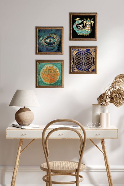 Pinecone Evil Eye, Lotus Flower, Flower of Life, Flower of Life, Shahmeran Stone Wall Painting Wood Framed Wall Decor W4-789