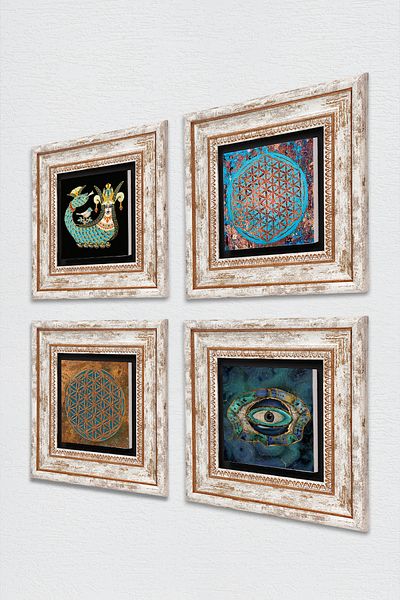 Pinecone Evil Eye, Flower of Life, Shahmeran Stone Wall Painting Framed Wall Decor 4 Piece Painting Set Tk4-483