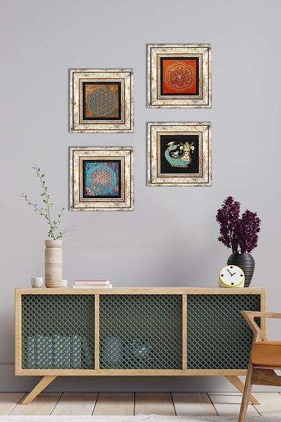 Pinecone Flower of Life, Sri Yantra, Shahmeran Stone Wall Painting Framed Wall Decor Set of 4 Painting Tk4-466