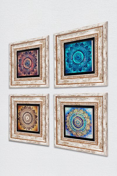 Pinecone Mandala Stone Wall Painting Framed Wall Decor 4 Piece Painting Set Wall Art Tk4-1082
