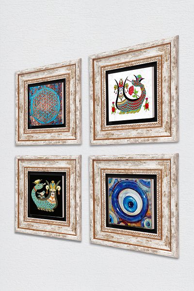 Pinecone Evil Eye, Flower of Life, Shahmeran Stone Wall Painting Framed Wall Decor 4 Piece Painting Set Tk4-1531