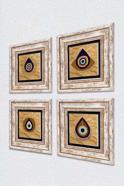 Pinecone Pictură pe perete cu piatră cu ochi rău Decor de perete înrămat Set de pictură 4 piese Artă de perete TK4-1069
