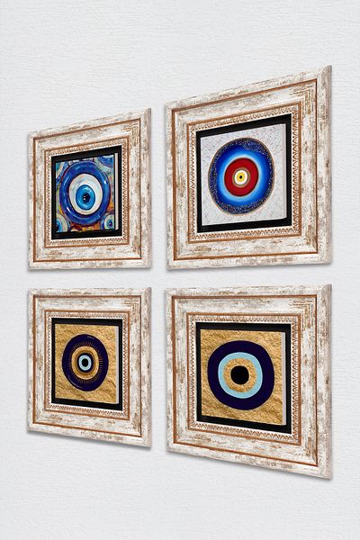 Pinecone Pictură pe perete cu piatră cu ochi rău Decor de perete înrămat Set de pictură 4 piese Artă de perete TK4-1235