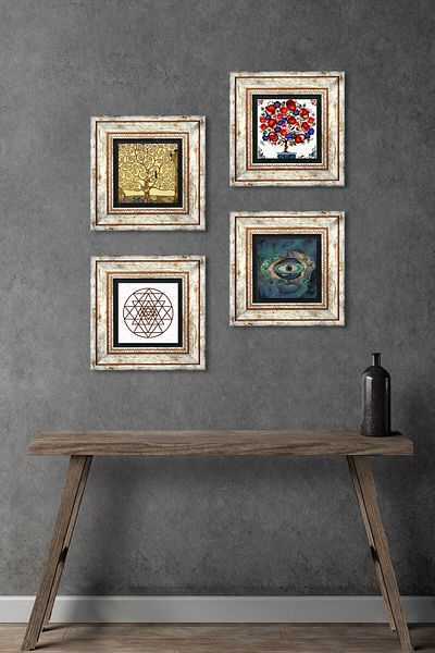 Pinecone Evil Eye, Sri Yantra, Gustav Klimt Tree of Life, Pomegranate Tree Stone Wall Painting Framed Wall Decor