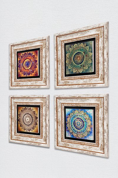 Pinecone Pictură pe perete cu piatră Mandala Decor de perete înrămat Set de pictură 4 piese Artă de perete TK4-1084