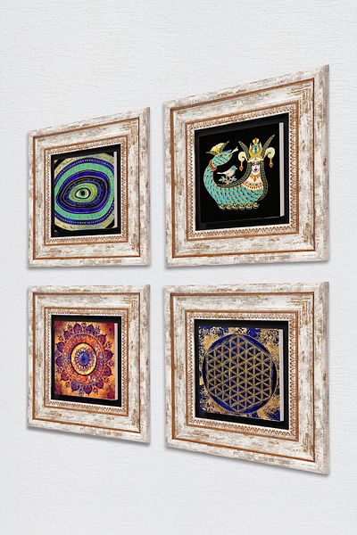 Pinecone Mandala, Evil Eye, Flower of Life, Shahmeran Stone Wall Painting Framed Wall Decor 4 Piece Set Tk4-779