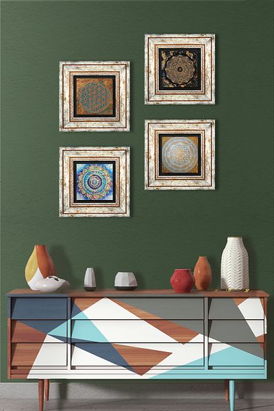 Pinecone Flower of Life, Mandala, Sri Yantra Stone Wall Painting Framed Wall Decor 4-Piece Table Set TK4-581