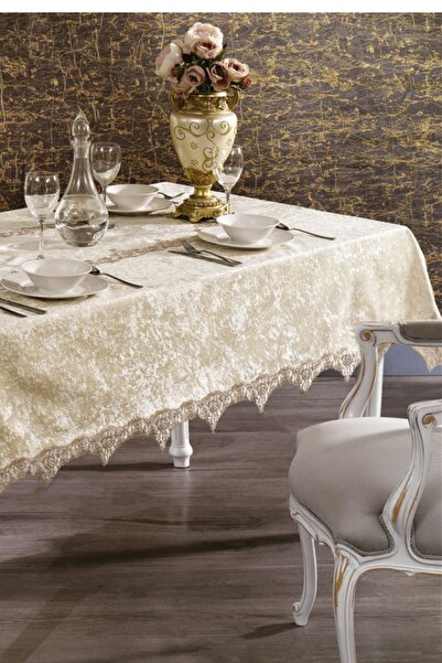 Finezza Pera Lux Lace Velvet Fabric Beige Table Cloth 160x220 Cm - 932