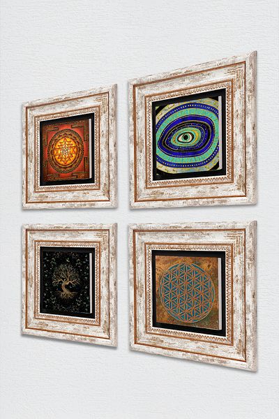 Pinecone Σετ ζωγραφικής τοίχου με κορνίζα Flower of Life, Sri Yantra, Tree of Life, Evil Eye Stone Wall Painting