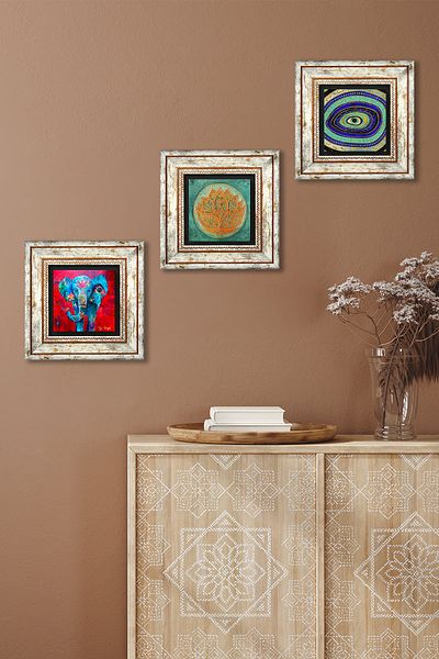 Pinecone Elephant, Evil Eye, Lotus Flower Stone Wall Painting Framed Wall Decor 3 Piece Table Set Wall Art TK3-188