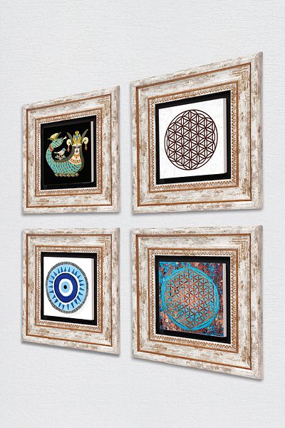 Pinecone Evil Eye, Flower of Life, Shahmeran Stone Wall Painting Framed Wall Decor 4 Piece Painting Set Tk4-830