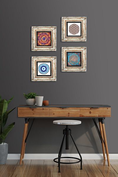 Pinecone Evil Eye, Mandala, Flower of Life Stone Wall Painting Framed Wall Decor 4 Piece Painting Set Tk4-841